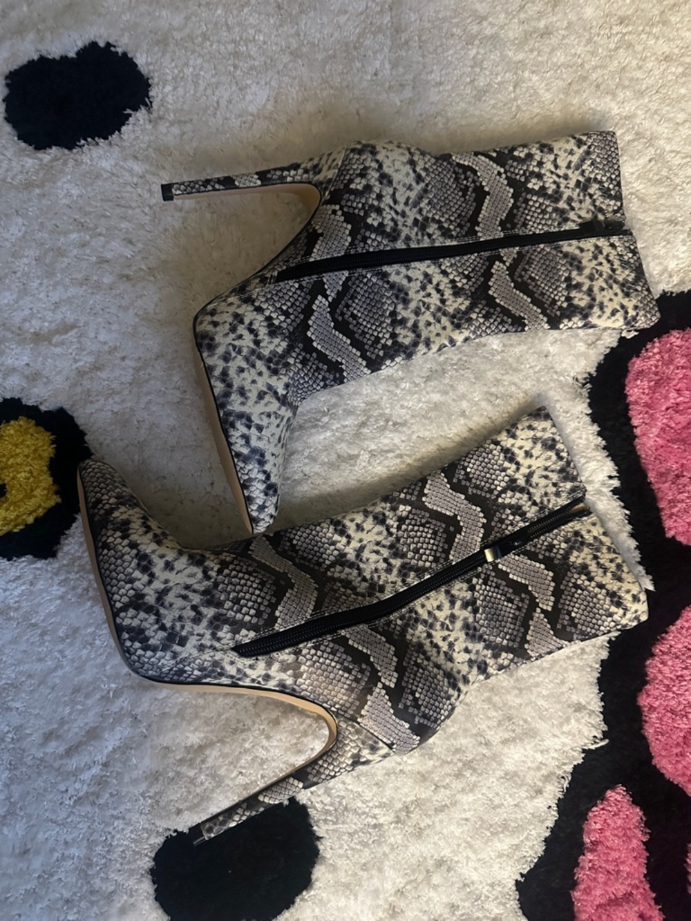 Snake Print High Heel Ankle Boots - Black & White